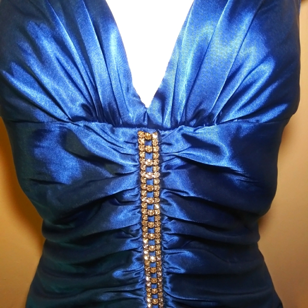 Vintage 90's Jessica McClintock Sexy Blue Satin & Rhinestone Ruched Halter Dress - Picture 4 of 11